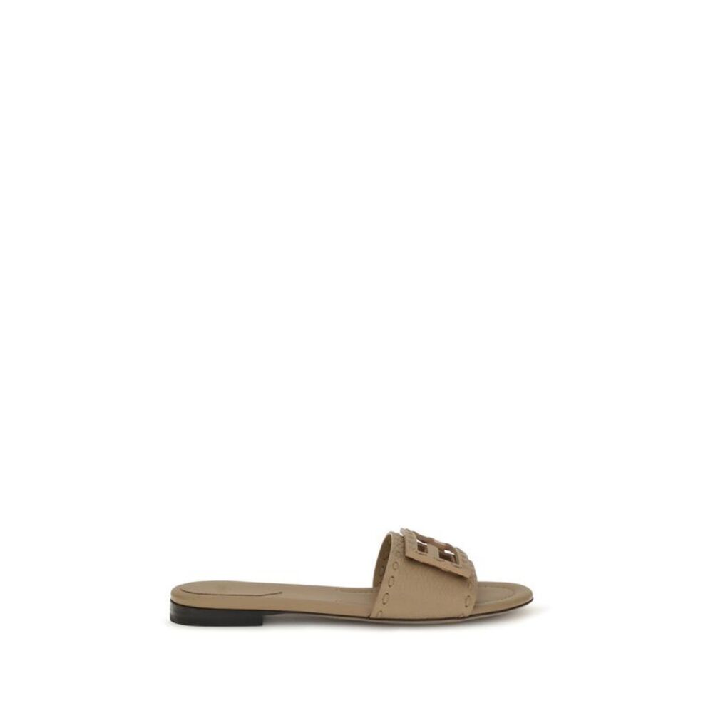 Fendi Beige Calf Leather Bos Taurus Flat Women's Sandals